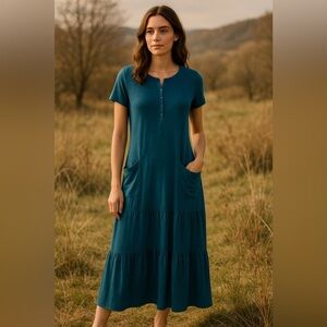 Wrap London Linen Jersey Midi Maxi Dress Deep Petrol Teal Minimalist US 2 UK 6